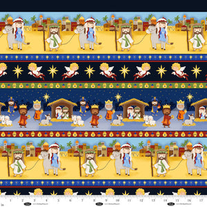 Away In A Manger Blue Nativity Stripe Cotton Fabric