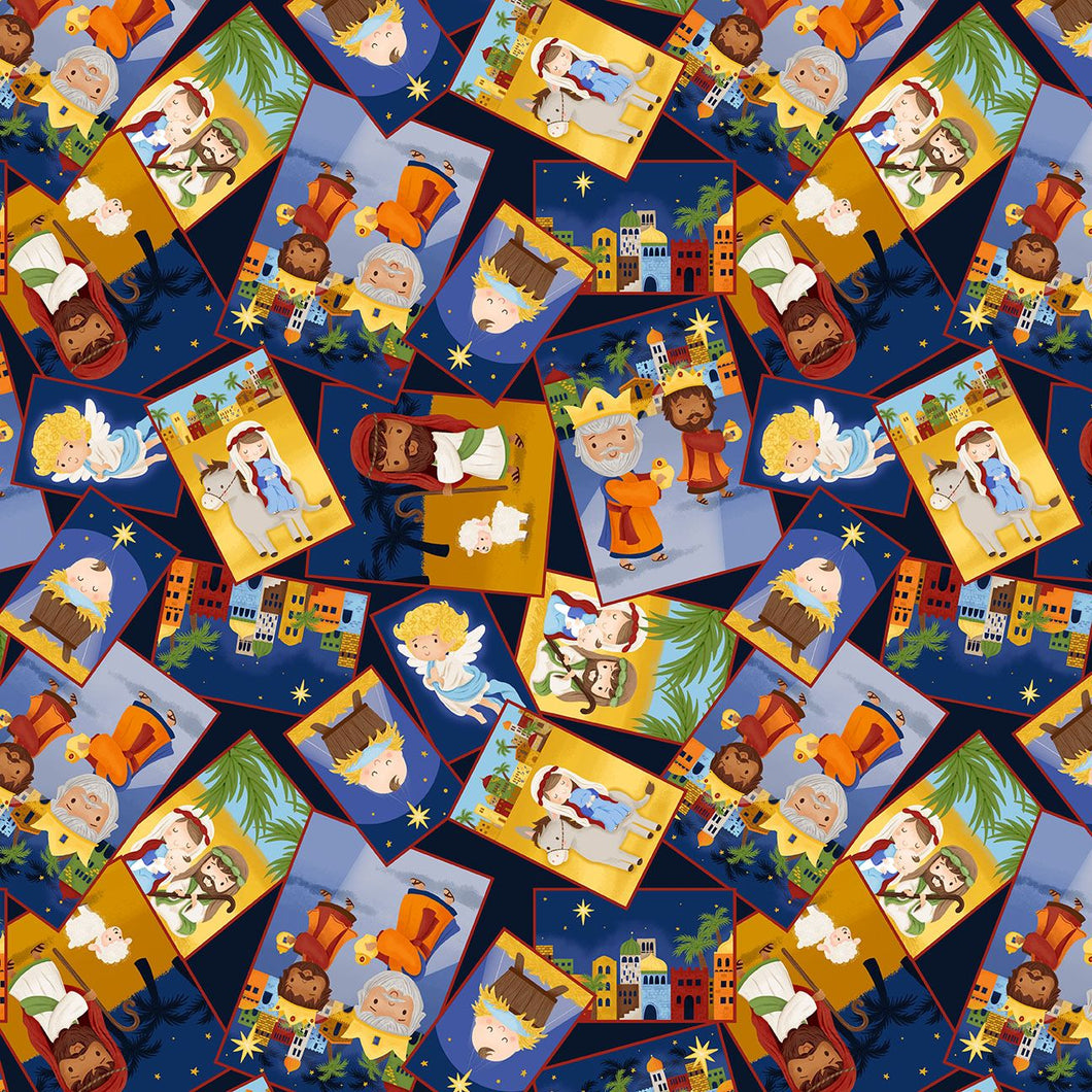 Away In A Manger Blue Nativity Squares Tossed Cotton Fabric