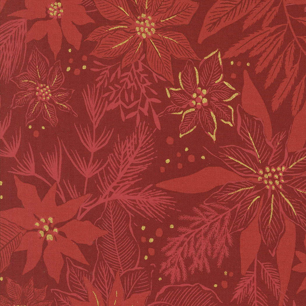 Old World Yuletide Crimson Gold Shimmer Poinsettia Cotton Fabric