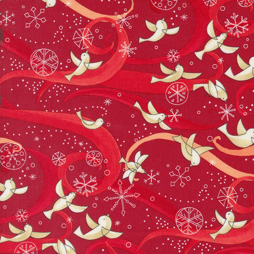 Winterly Peace Doves Crimson Cotton Fabric