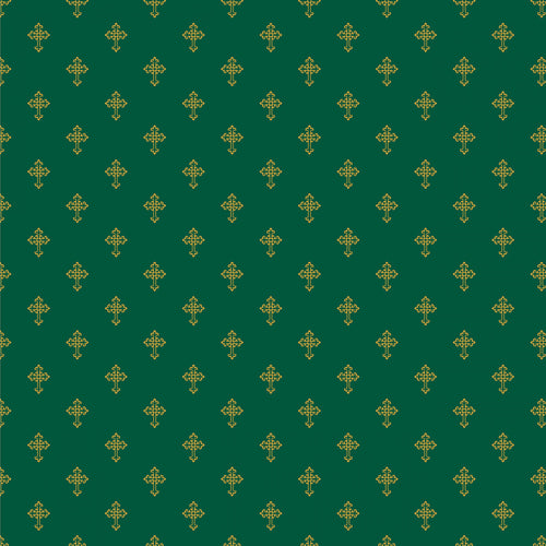 Holiday Twinkle Cross Green Gold Metallic Cotton Fabric