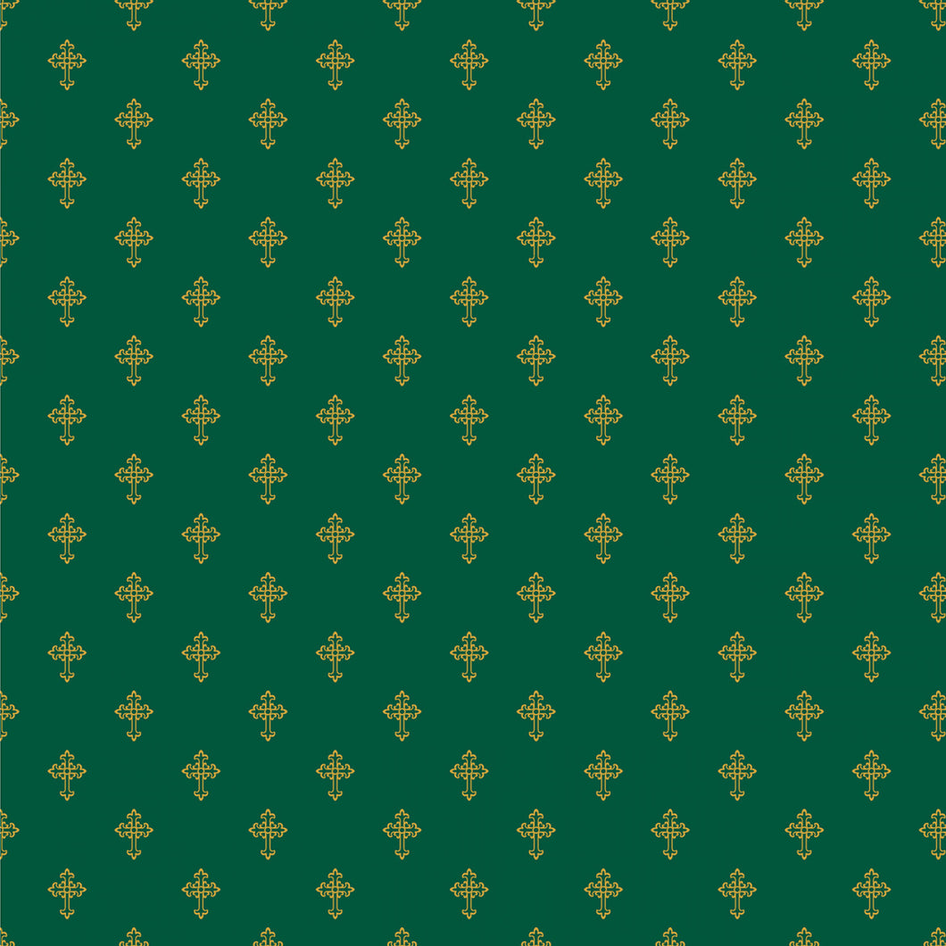 Holiday Twinkle Cross Green Gold Metallic Cotton Fabric