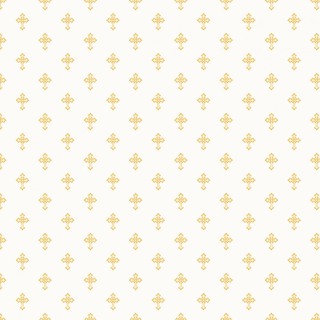 Holiday Twinkle Cross White Gold Metallic Cotton Fabric