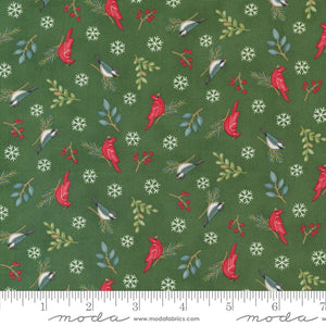 Woodland Winter Birds Pine Green Cotton Fabric