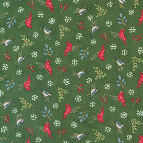 Woodland Winter Birds Pine Green Cotton Fabric