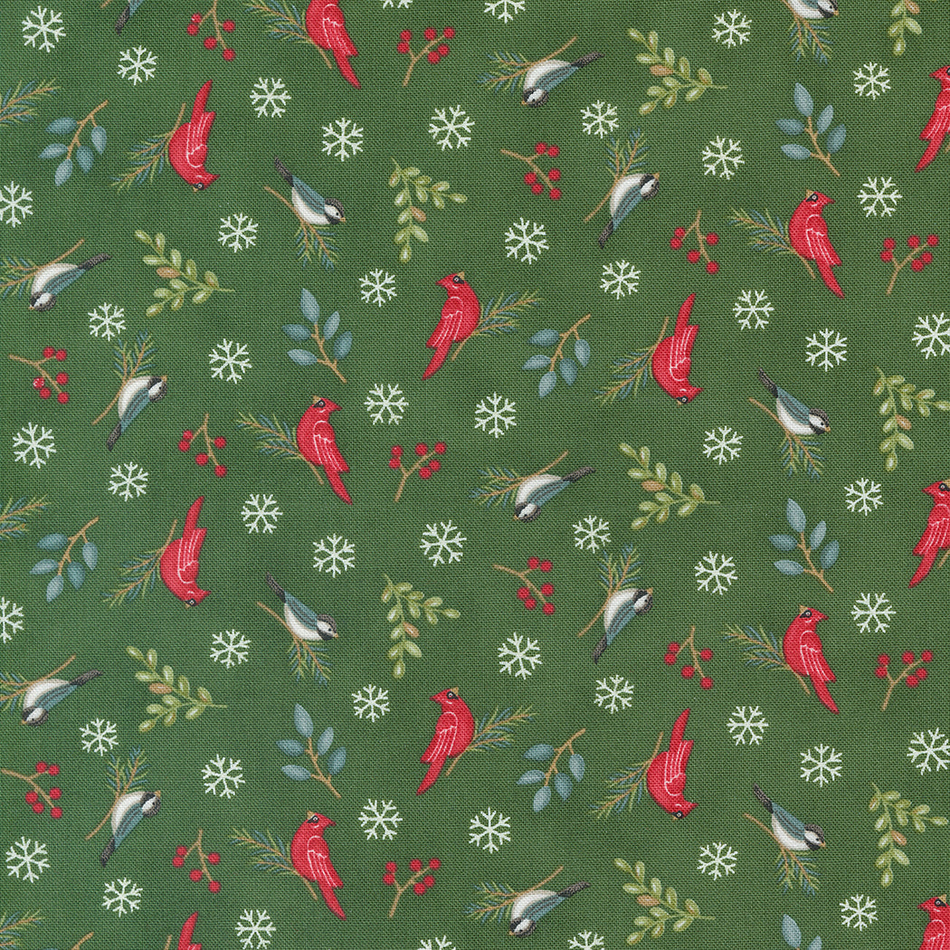 Woodland Winter Birds Pine Green Cotton Fabric