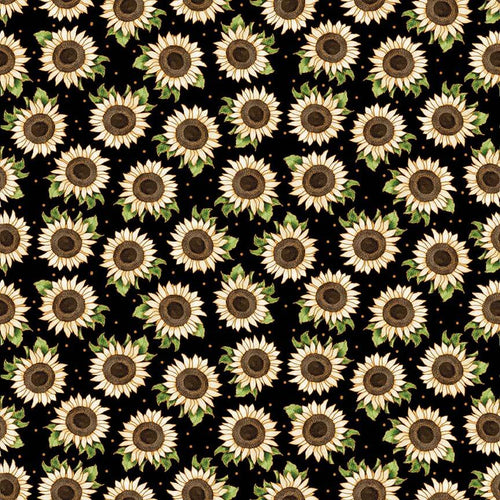 Autumn Elegance Metallic Sunflowers Black Cotton Fabric