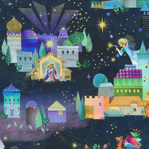 Holy Night Midnight Nativity Metallic Cotton Fabric