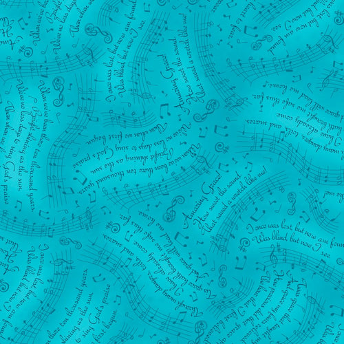 Amazing Grace Lyrics & Music Teal Cotton Fabric