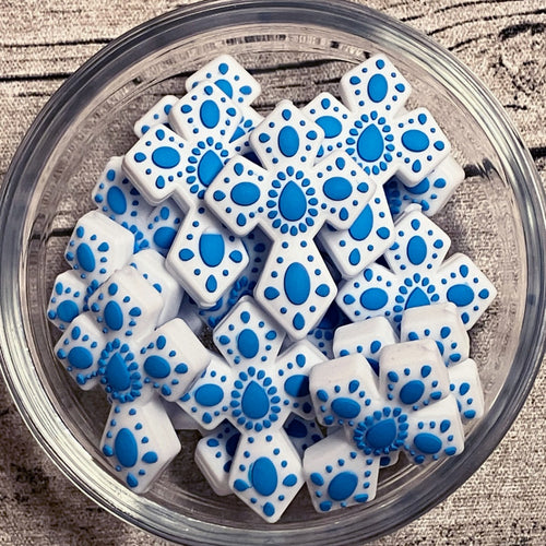 Blue Decorated Cross Silicone Focal Bead