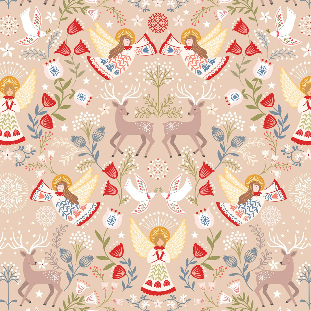 Peace and Joy Dark Cream Metallic Cotton Fabric