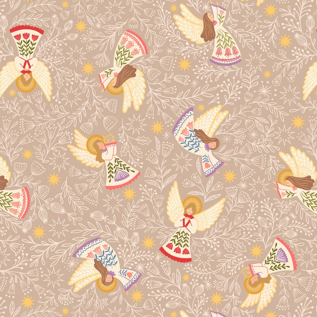 Peace and Joy Host of Angels Taupe Metallic Cotton Fabric