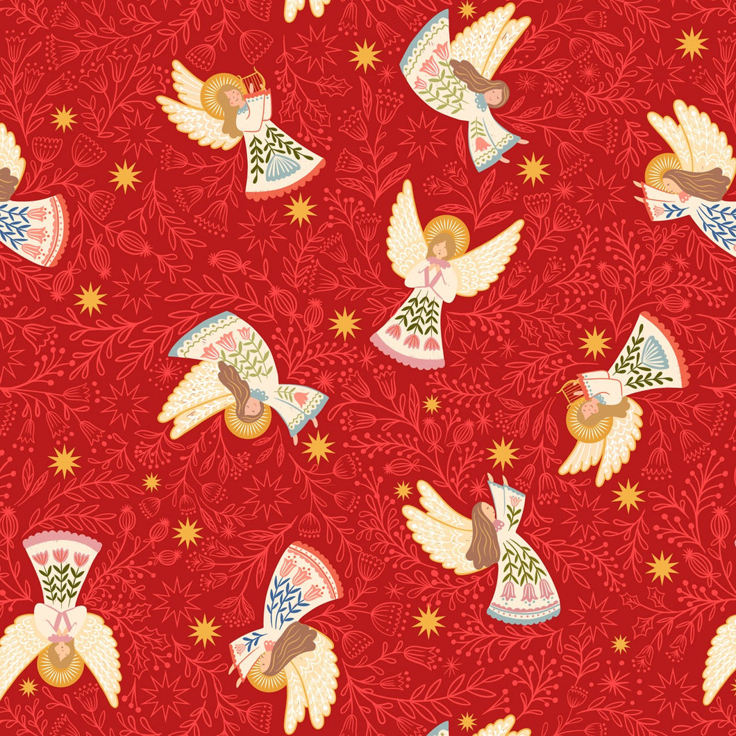 Peace and Joy Host of Angels Red Metallic Cotton Fabric