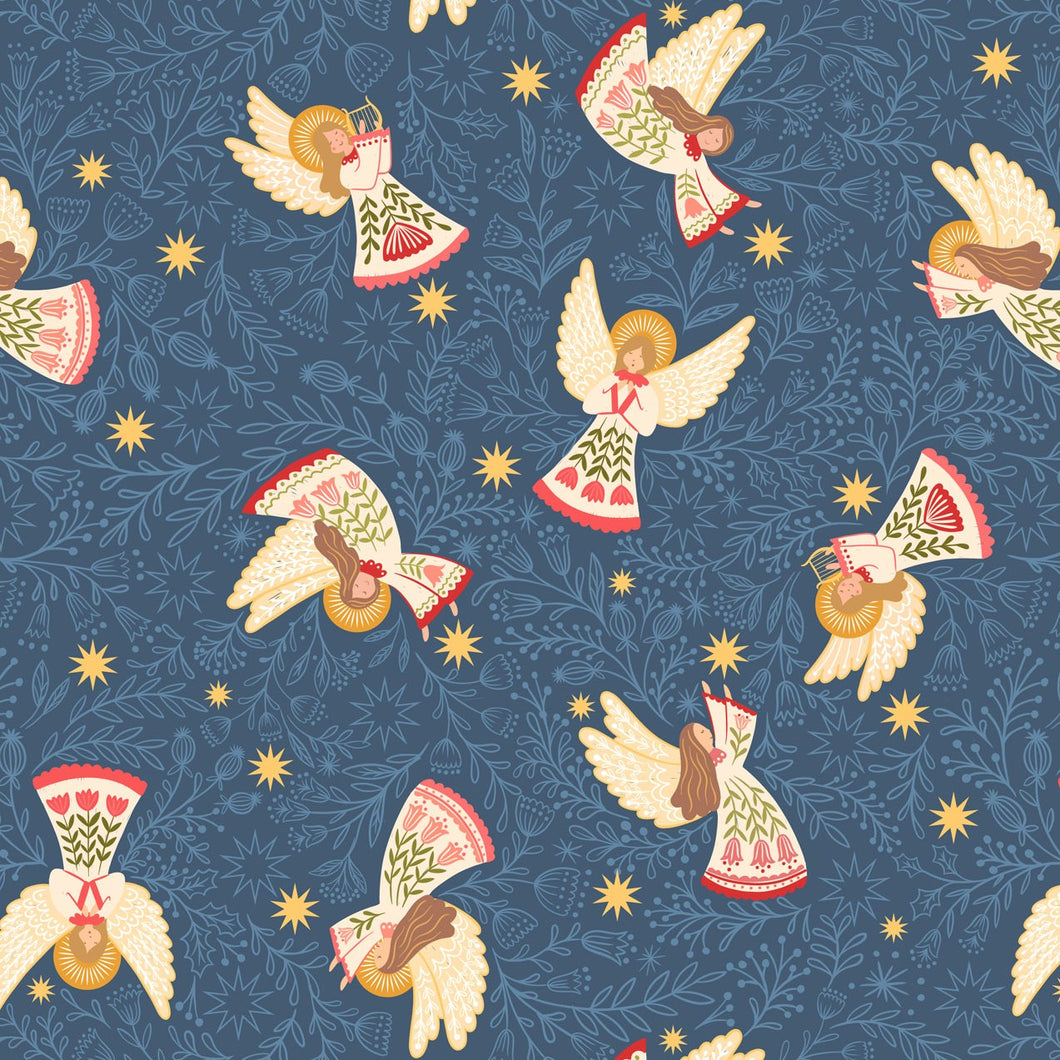 Peace and Joy Host of Angels Blue Metallic Cotton Fabric