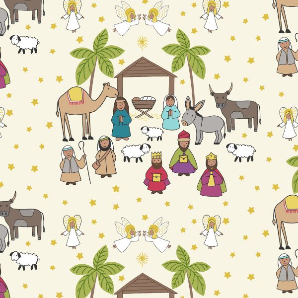 Away In A Manger Nativity Scene on Cream with Gold Metallic Cotton Fabric