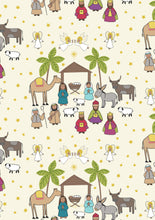 Away In A Manger Nativity Scene on Cream with Gold Metallic Cotton Fabric