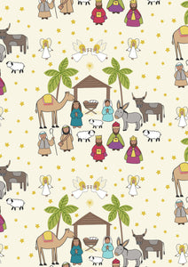Away In A Manger Nativity Scene on Cream with Gold Metallic Cotton Fabric
