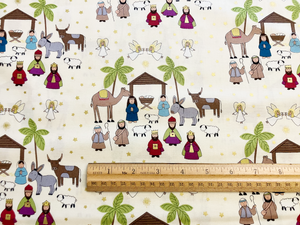Away In A Manger Nativity Scene on Cream with Gold Metallic Cotton Fabric