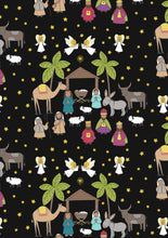 Away In A Manger Nativity Scene on Black with Gold Metallic Cotton Fabric