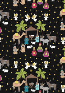 Away In A Manger Nativity Scene on Black with Gold Metallic Cotton Fabric