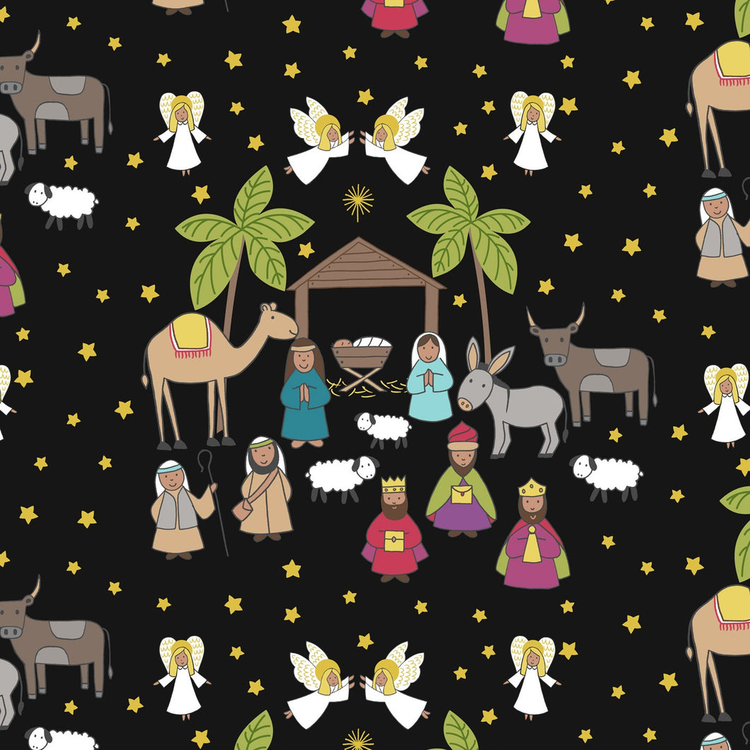 Away In A Manger Nativity Scene on Black with Gold Metallic Cotton Fabric