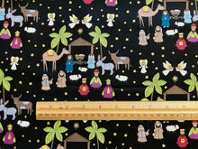 Away In A Manger Nativity Scene on Black with Gold Metallic Cotton Fabric