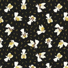 Away In A Manger Angels On Black with Gold Metallic Cotton Fabric