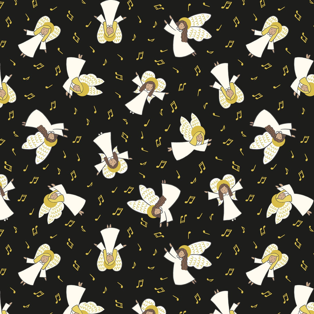 Away In A Manger Angels On Black with Gold Metallic Cotton Fabric