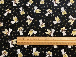 Away In A Manger Angels On Black with Gold Metallic Cotton Fabric