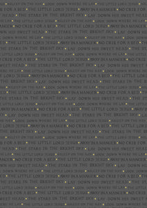 Away In A Manger Text on Grey with Gold Metallic Cotton Fabric