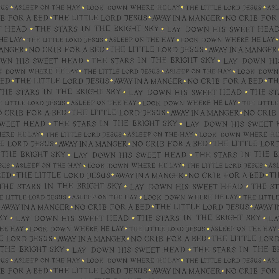 Away In A Manger Text on Grey with Gold Metallic Cotton Fabric