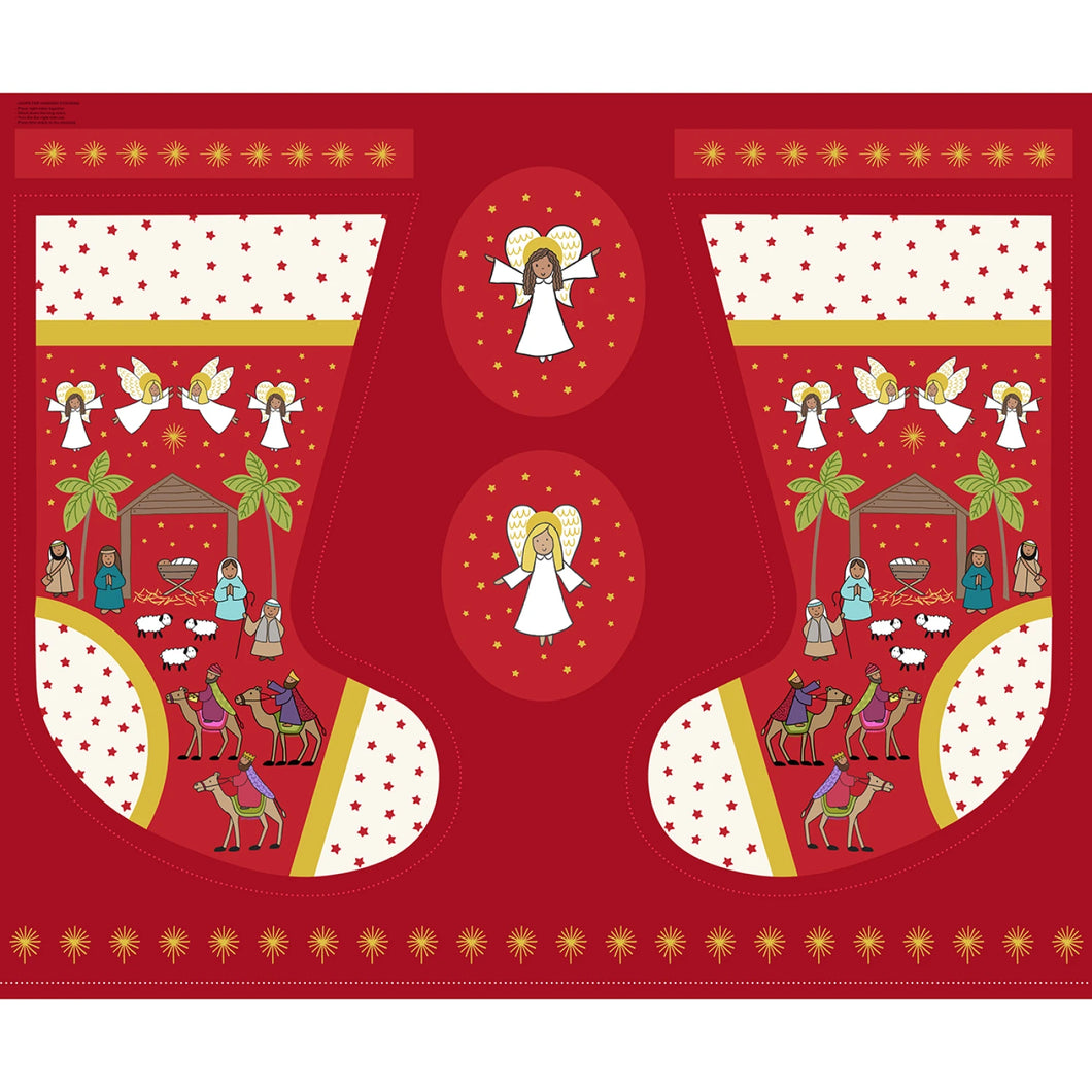 Away In A Manger Metallic Stocking Cotton Fabric Panel