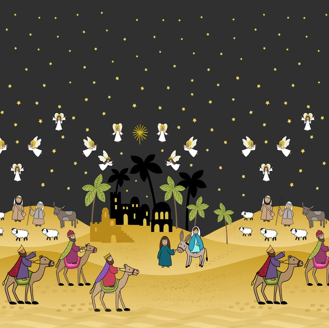 Away In A Manger Double Edge Border with Gold Metallic Cotton Fabric