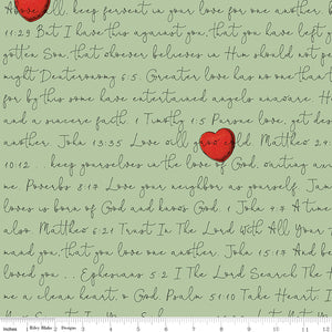 All My Heart Scripture Love Letters Green Cotton Fabric