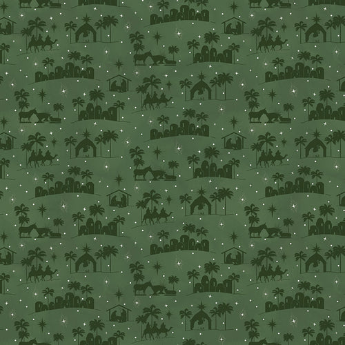 Come Let Us Adore Him Silhouettes Green Cotton Fabric