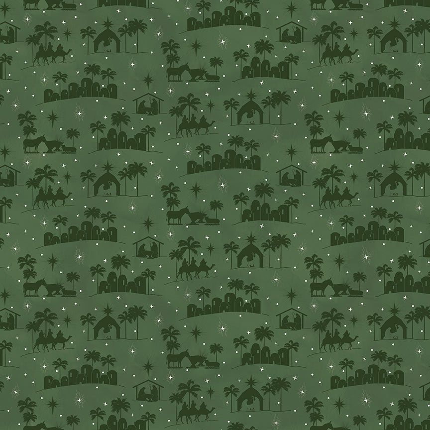 Come Let Us Adore Him Silhouettes Green Cotton Fabric