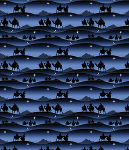 Christmas Wishes Border Stripe Navy Digitally Printed Cotton Fabric