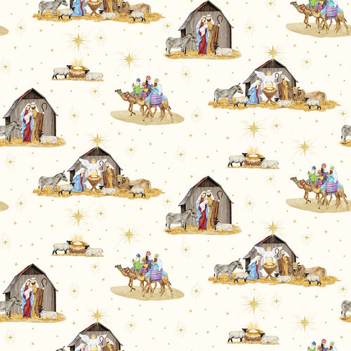 Come Let Us Adore Him Nativity Main Cloud Cotton Fabric