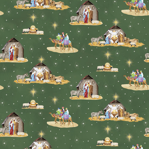 Come Let Us Adore Him Nativity Main Green Cotton Fabric