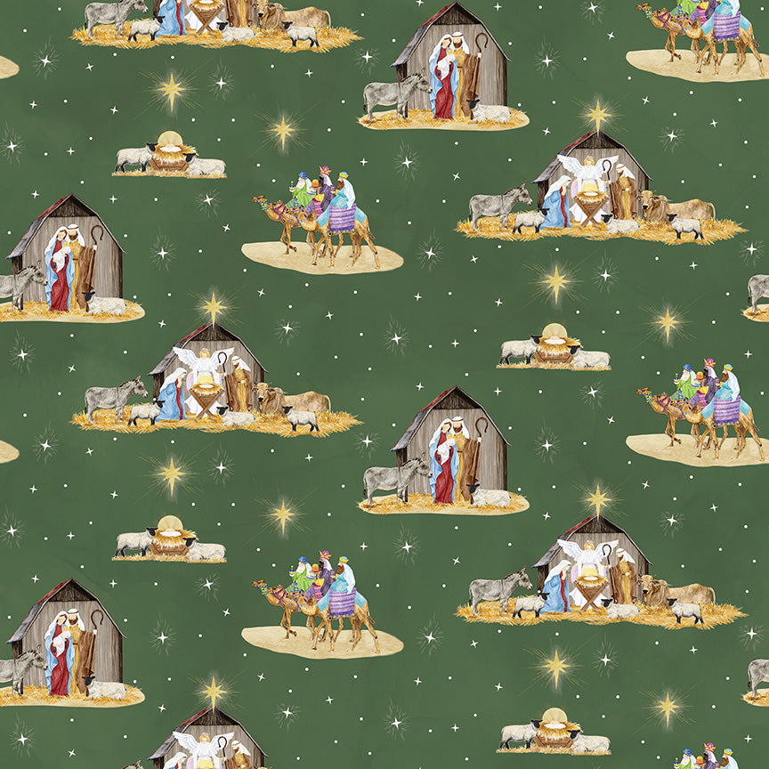 Come Let Us Adore Him Nativity Main Green Cotton Fabric
