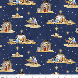 Come Let Us Adore Him Nativity Main Navy Cotton Fabric