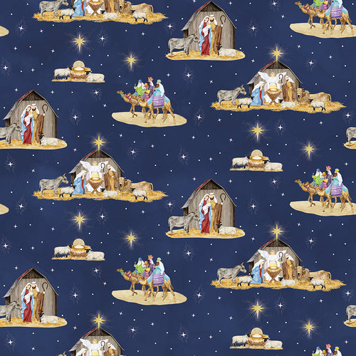 Come Let Us Adore Him Nativity Main Navy Cotton Fabric
