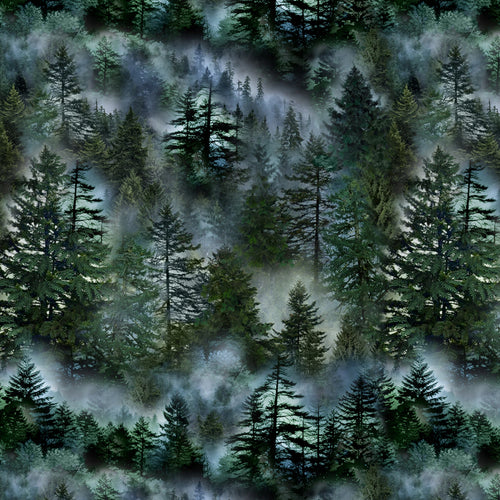 Misty Mountain Evergreen Forest Cotton Fabric