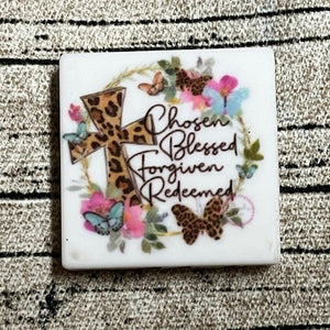 Chosen Blessed Forgiven Redeemed Square Silicone Focal Bead