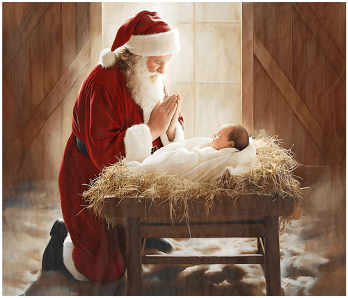 Santa Kneeling to Baby Jesus Cotton Fat Quarter Panel