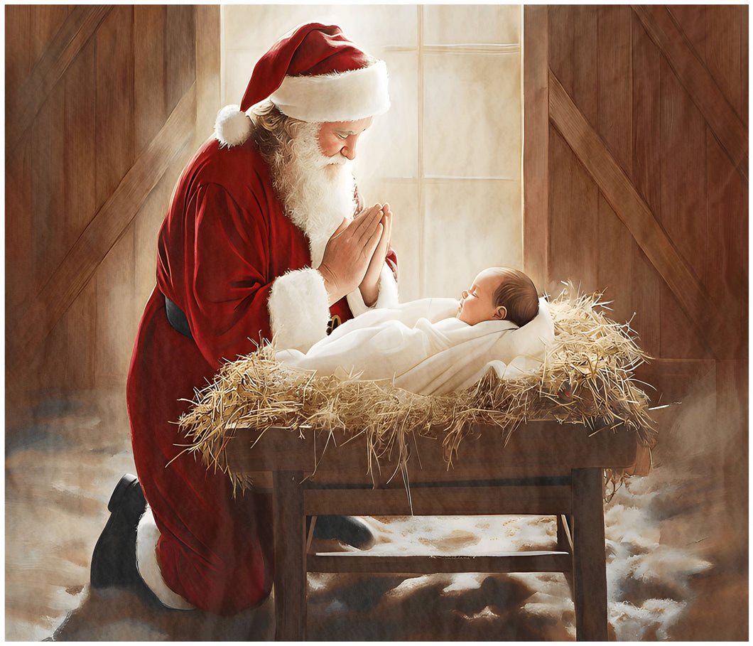 Santa Kneeling to Baby Jesus Cotton Fat Quarter Panel