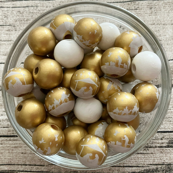 Nativity Gold 16mm Painted Wood Round Beads 15 ct