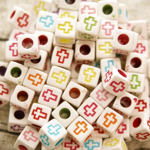 Acrylic White Multi Color Cross Square Beads 100 ct