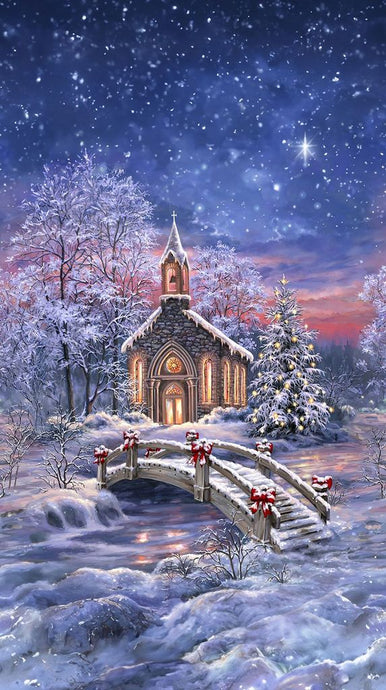 All Is Calm Winter Snowy Chapel Cotton Fabric Panel