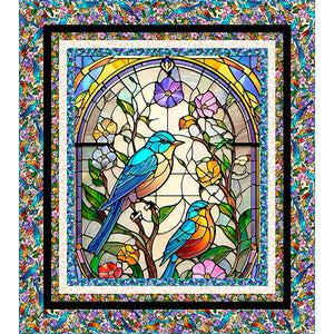 Sunlit Birds Stained Glass Panel Cotton Fabric